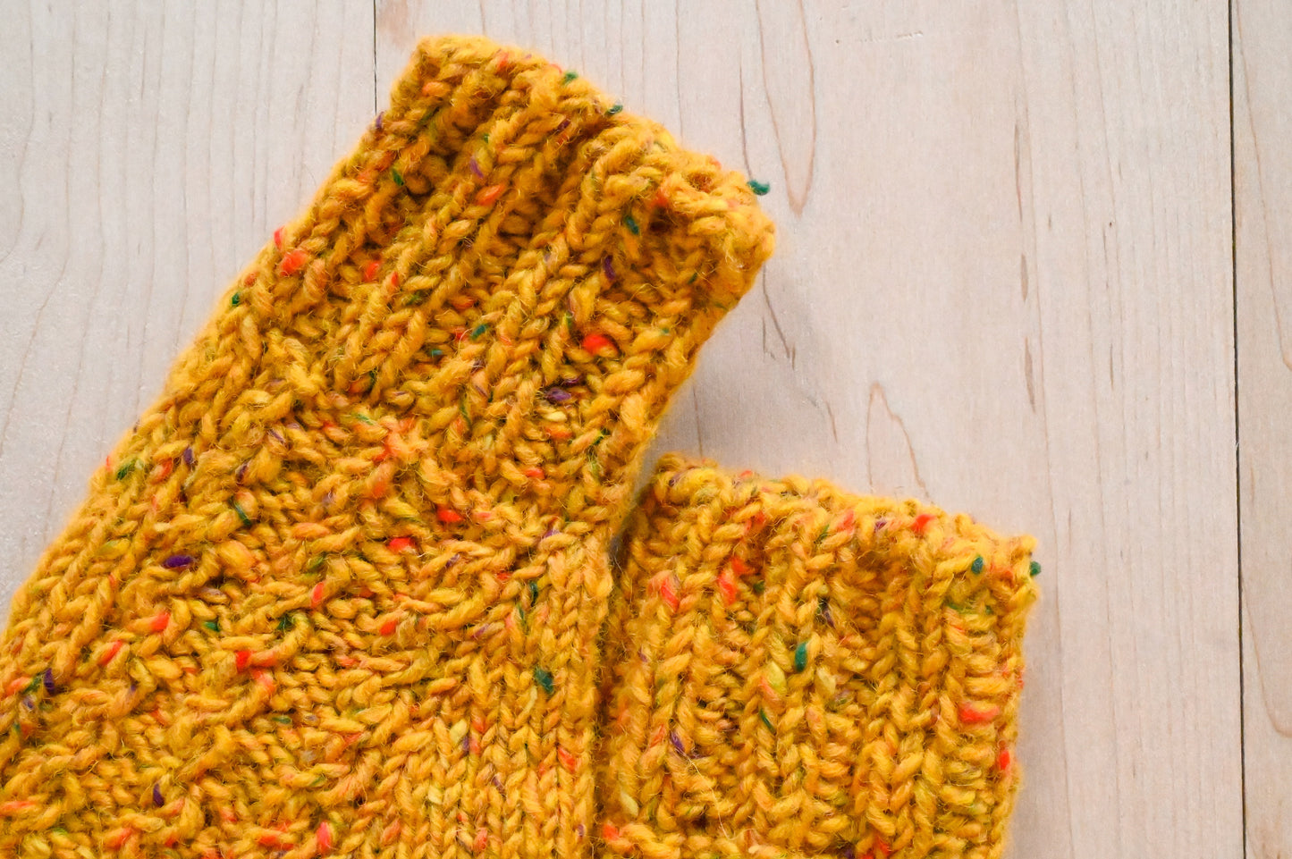 Handmade Golden Speckle Cabled Fingerless Mitts Using Donegal Tweed