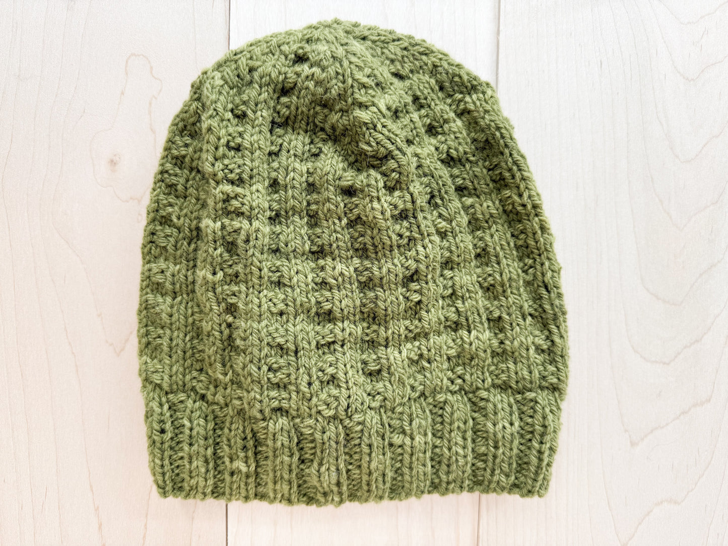 Handmade Olive Green Waffle-Knit Beanie Using 100% Sustainable Wool