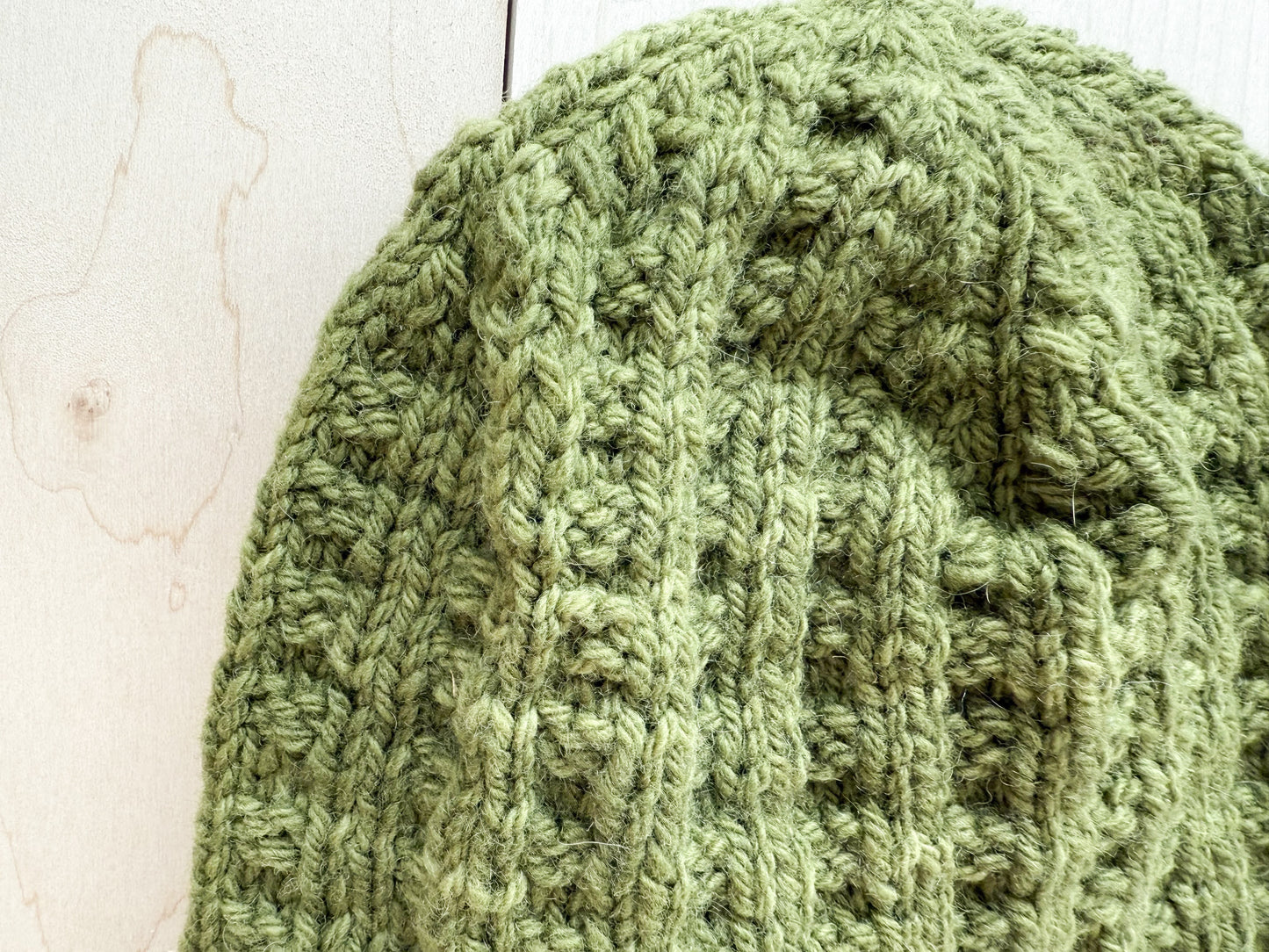 Handmade Olive Green Waffle-Knit Beanie Using 100% Sustainable Wool