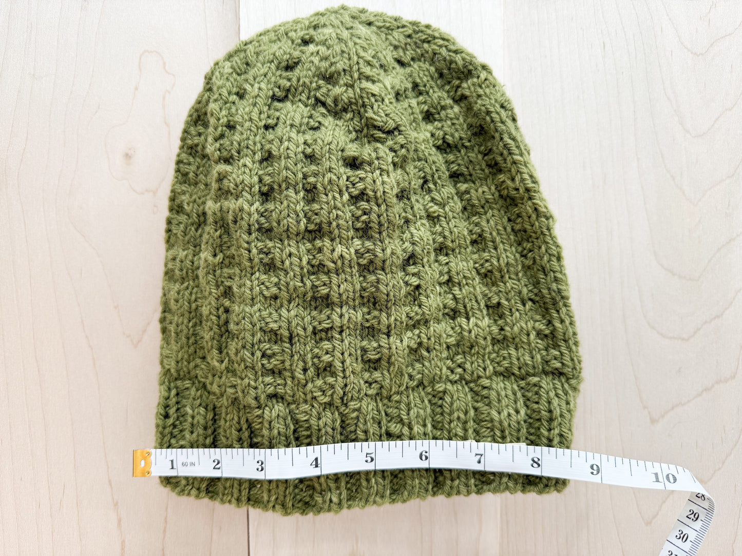 Handmade Olive Green Waffle-Knit Beanie Using 100% Sustainable Wool