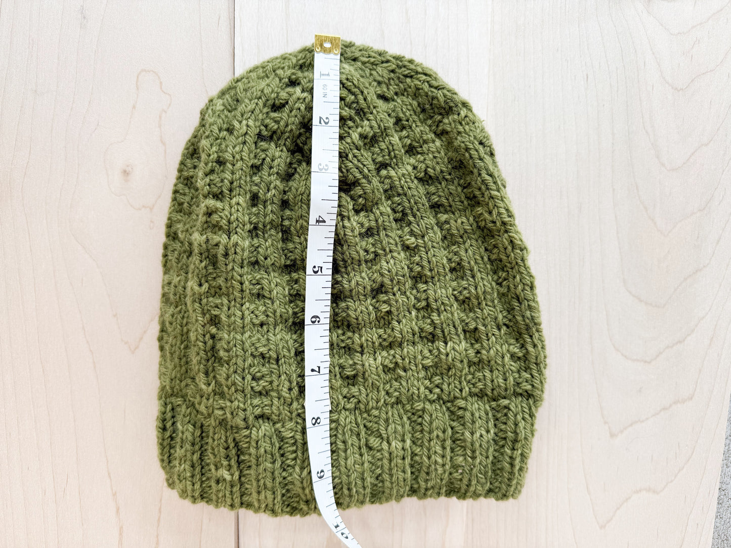 Handmade Olive Green Waffle-Knit Beanie Using 100% Sustainable Wool