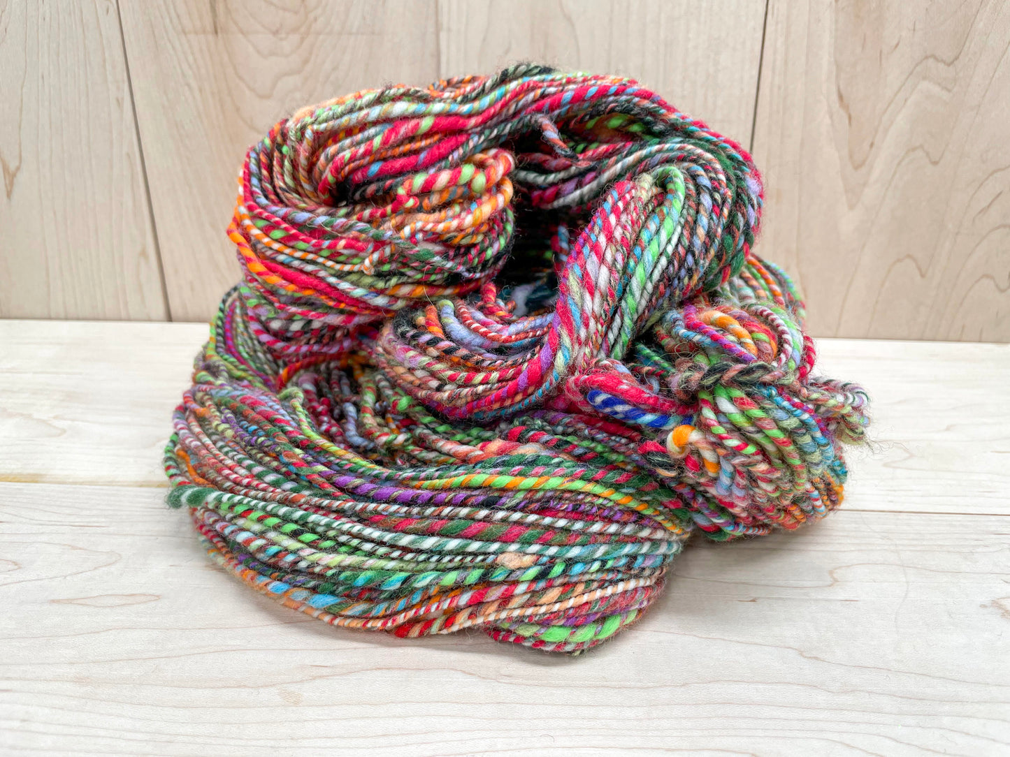 Handspun Bright Turquoise, Red, Orange, and Green Multicolor Yarn Using 100% Wool