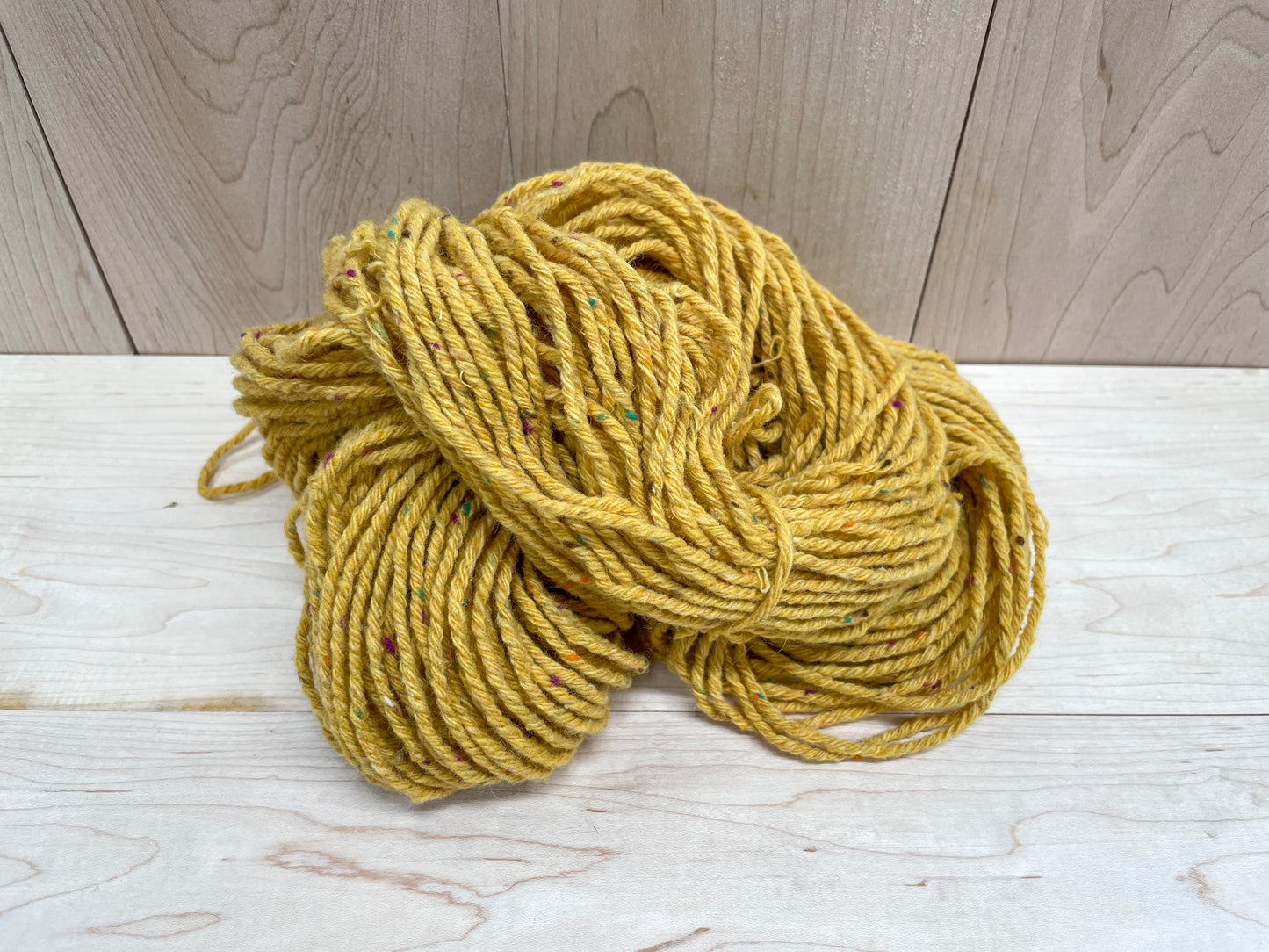 Handspun Mustard and Multicolor Tweed Yarn Using 100% Upcycled Wool-Blend Fibers
