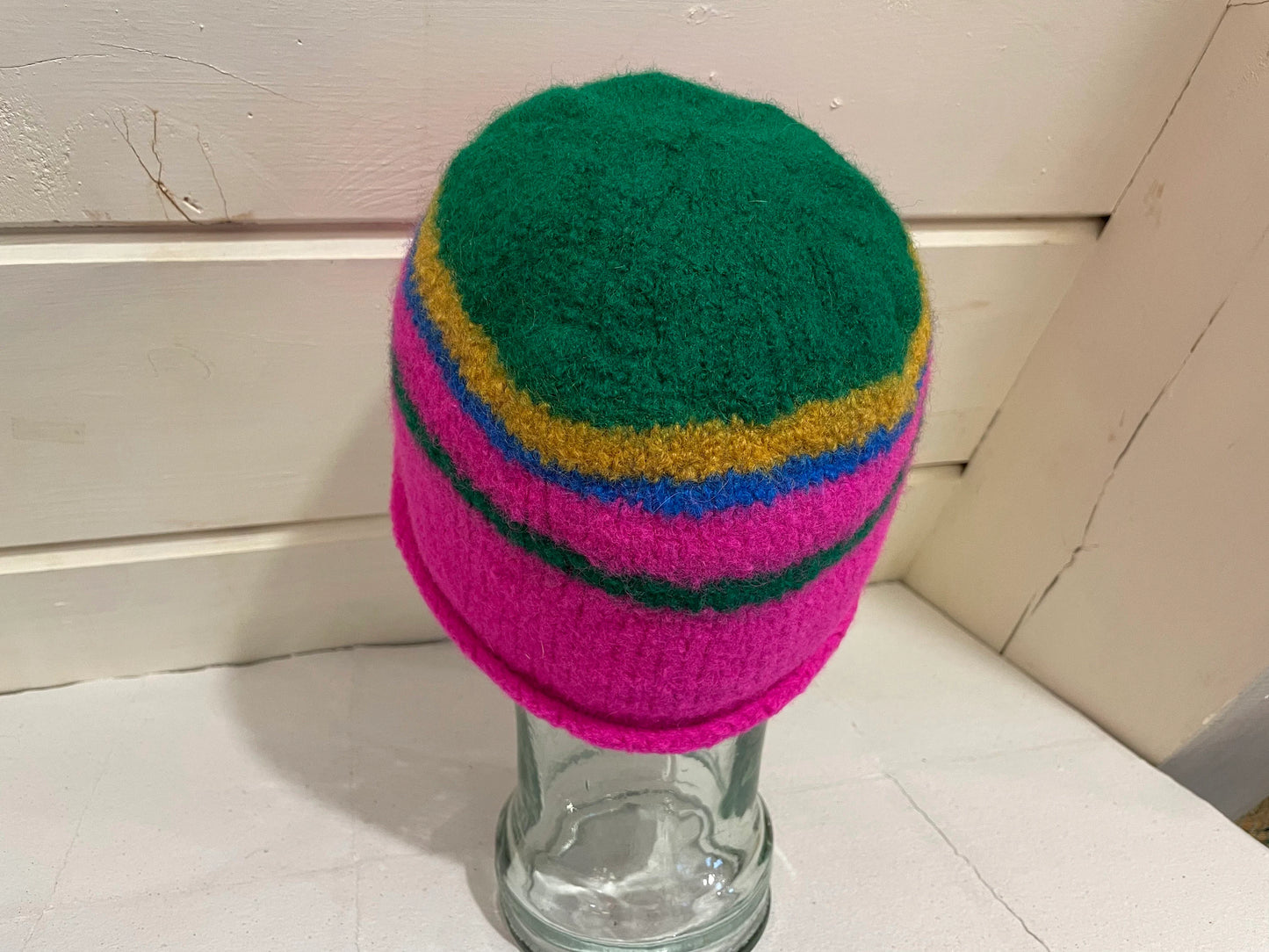 Handmade Color-Blocked Pink, Green, and Yellow Felted Hat Using 100% Secondhand Wool