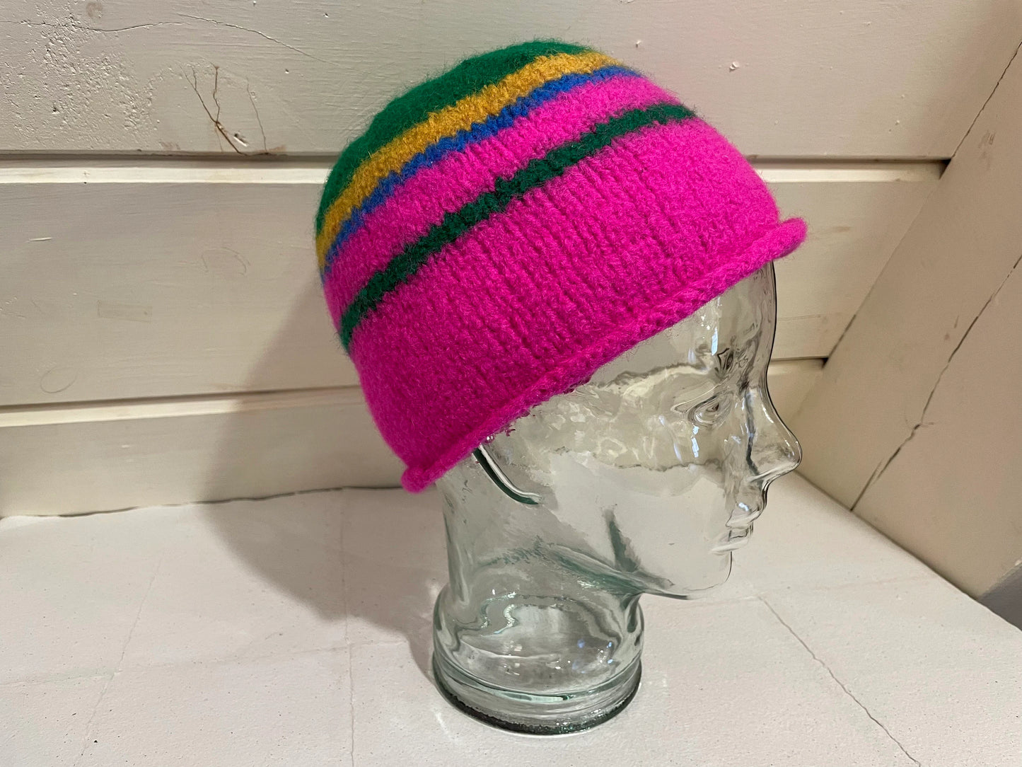 Handmade Color-Blocked Pink, Green, and Yellow Felted Hat Using 100% Secondhand Wool