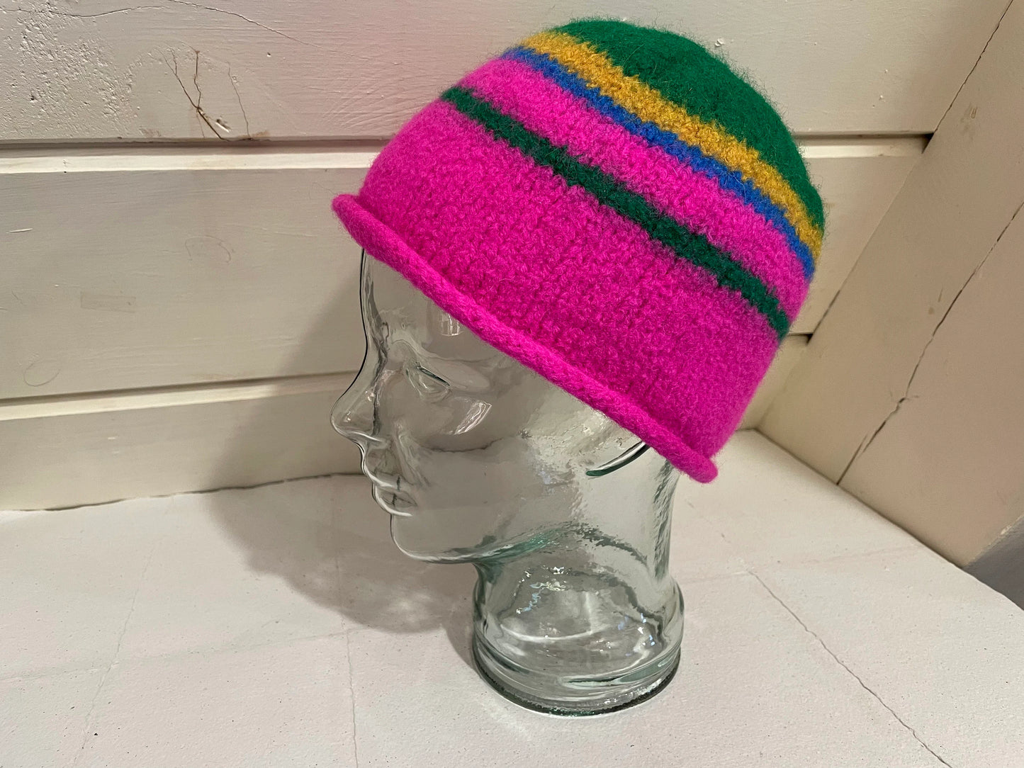 Handmade Color-Blocked Pink, Green, and Yellow Felted Hat Using 100% Secondhand Wool