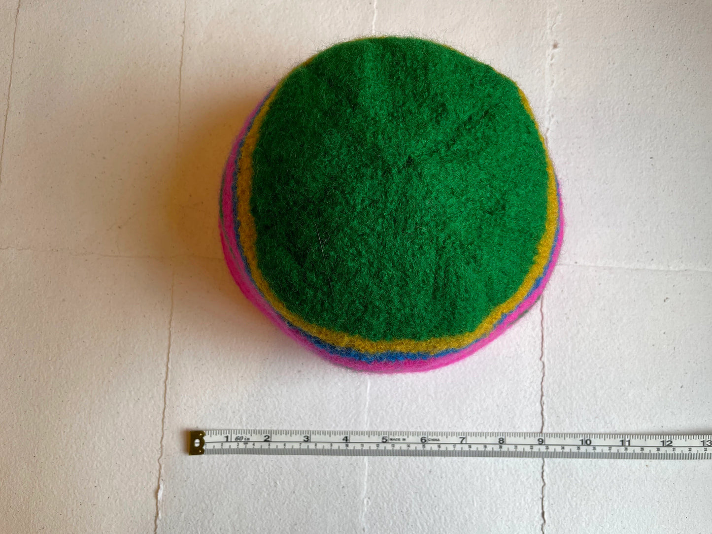 Handmade Color-Blocked Pink, Green, and Yellow Felted Hat Using 100% Secondhand Wool