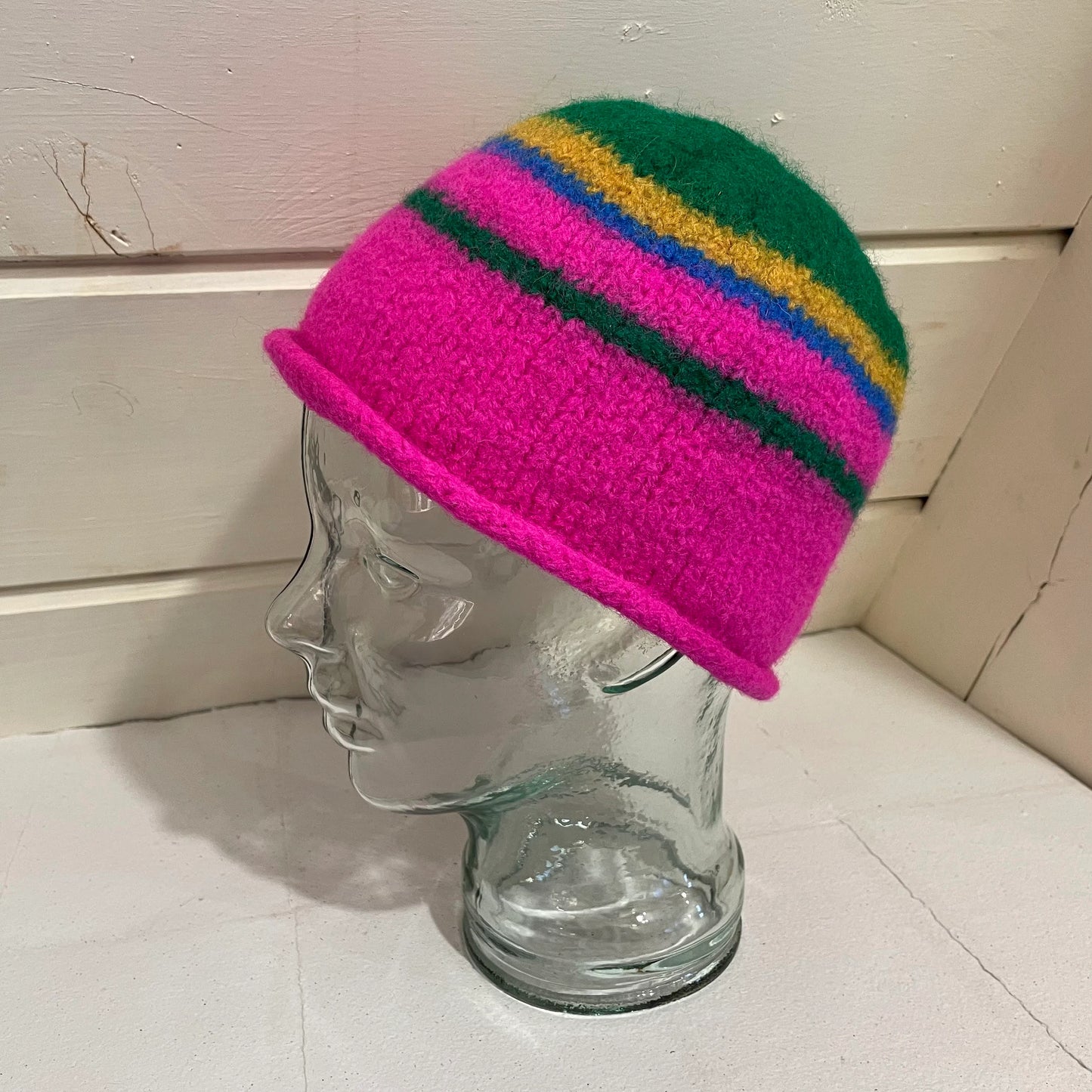 Handmade Color-Blocked Pink, Green, and Yellow Felted Hat Using 100% Secondhand Wool