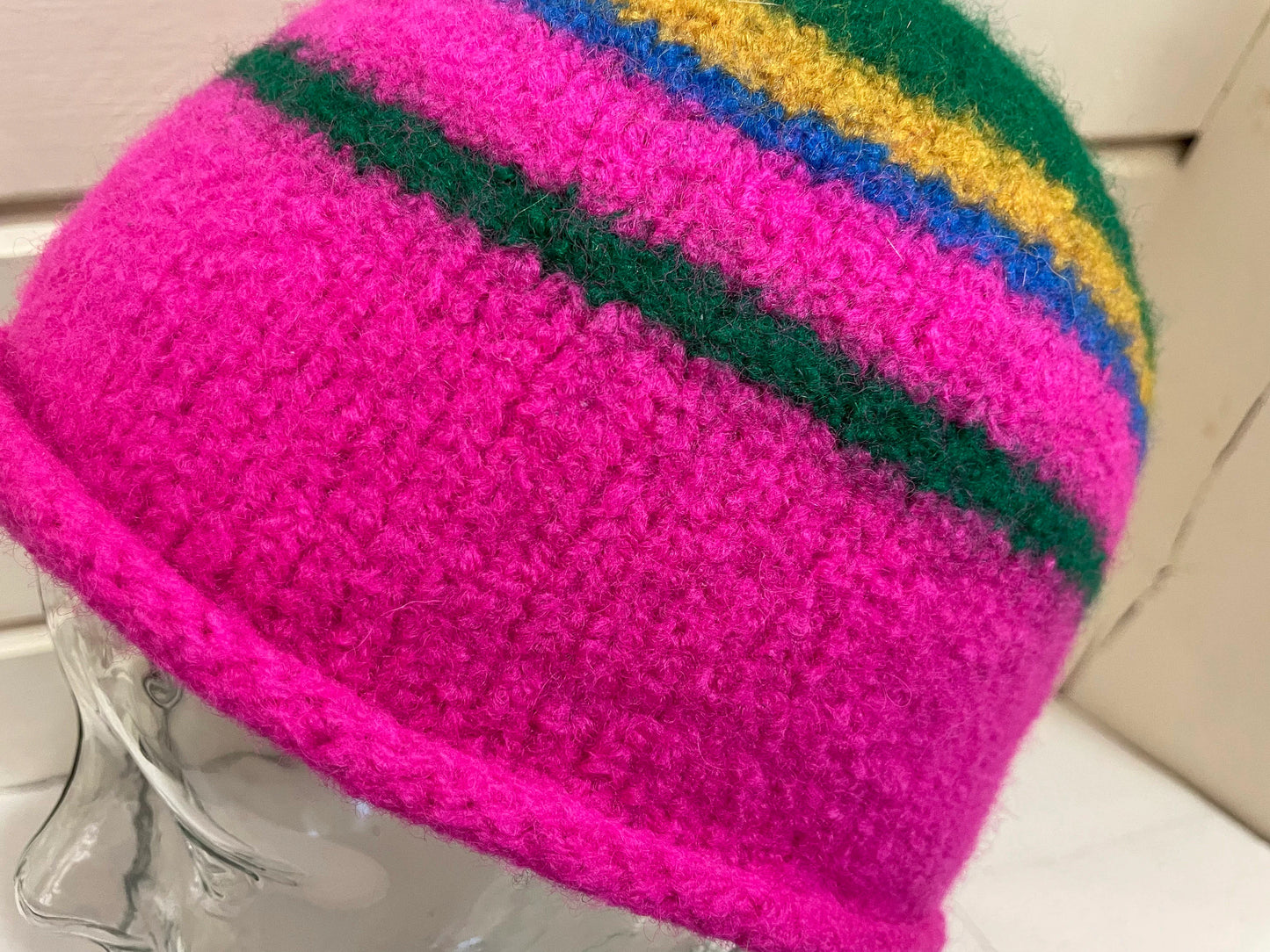 Handmade Color-Blocked Pink, Green, and Yellow Felted Hat Using 100% Secondhand Wool
