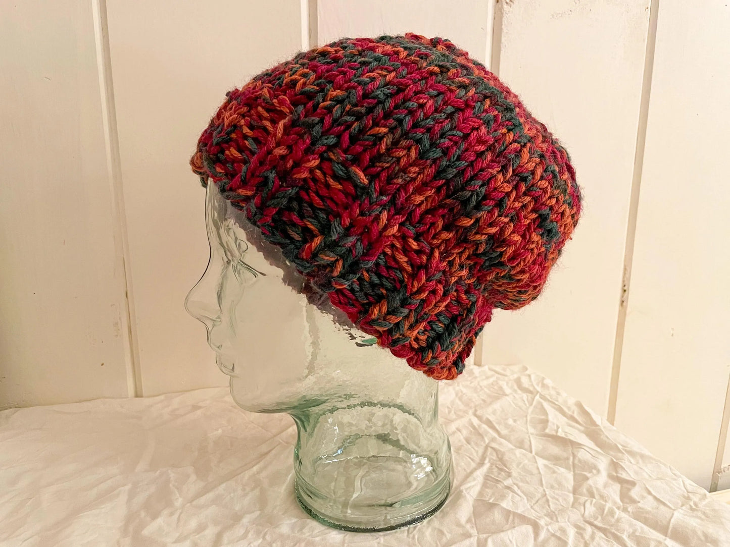 Handmade Fluffy Fall Foliage Beanie Using 100% Secondhand Acrylic Yarn