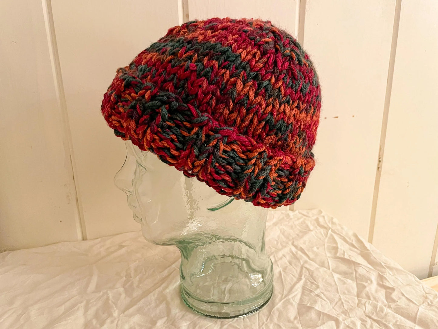 Handmade Fluffy Fall Foliage Beanie Using 100% Secondhand Acrylic Yarn