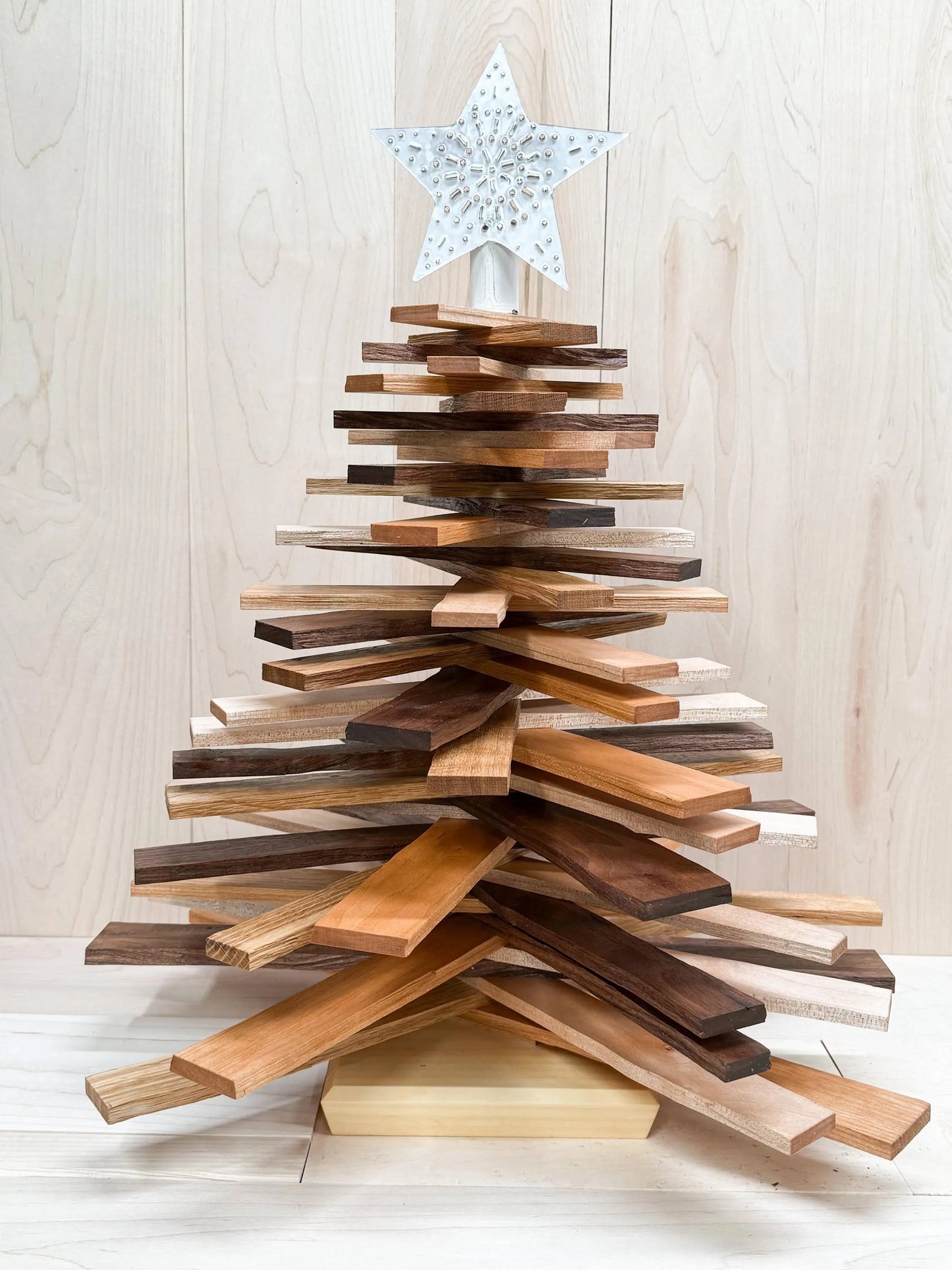 Handmade Table-Top Festive Tree with Tin Star Topper Using Hand-Split Sustainable Wood