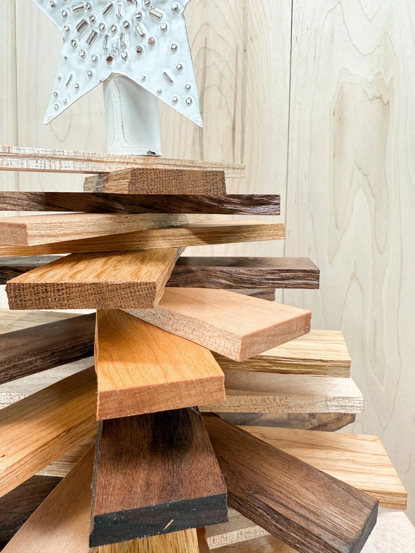 Handmade Table-Top Festive Tree with Tin Star Topper Using Hand-Split Sustainable Wood