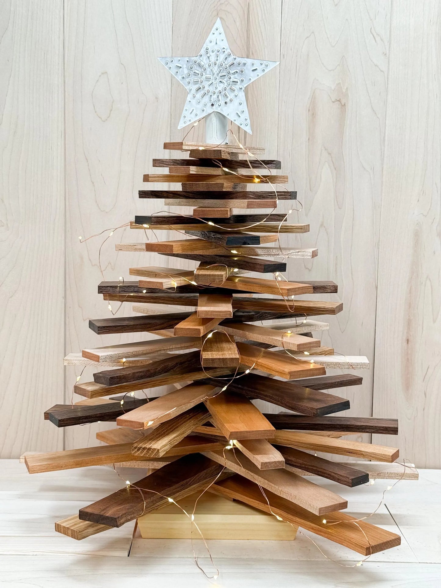 Handmade Table-Top Festive Tree with Tin Star Topper Using Hand-Split Sustainable Wood