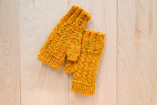 Handmade Golden Speckle Cabled Fingerless Mitts Using Donegal Tweed