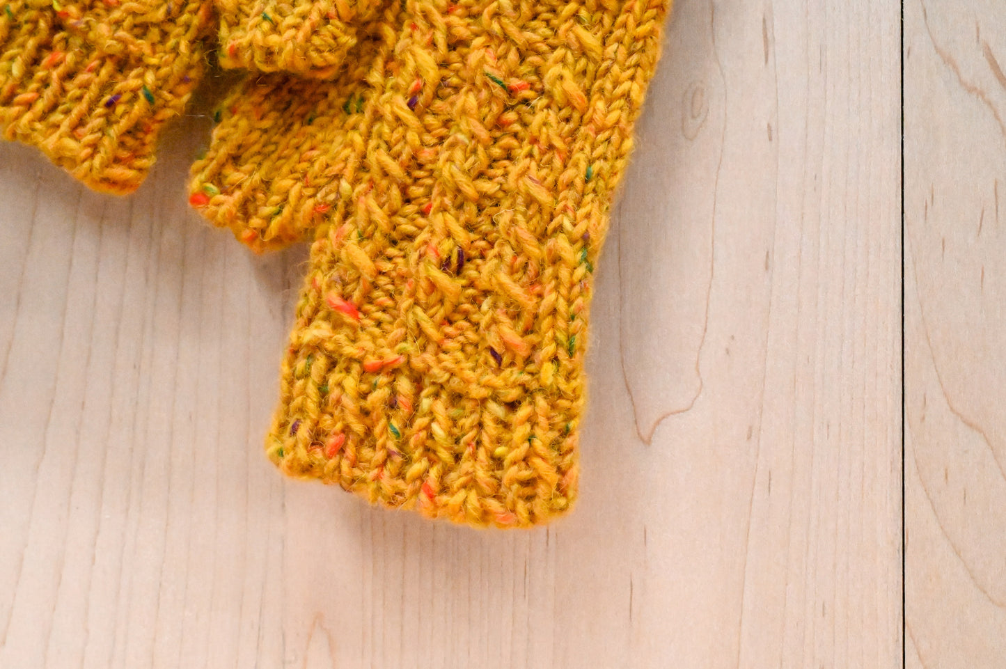 Handmade Golden Speckle Cabled Fingerless Mitts Using Donegal Tweed