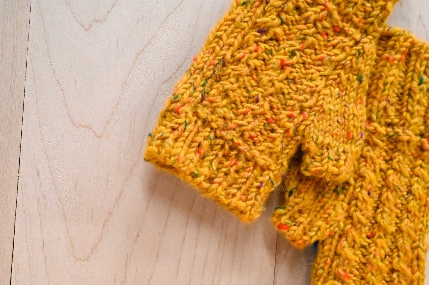 Handmade Golden Speckle Cabled Fingerless Mitts Using Donegal Tweed