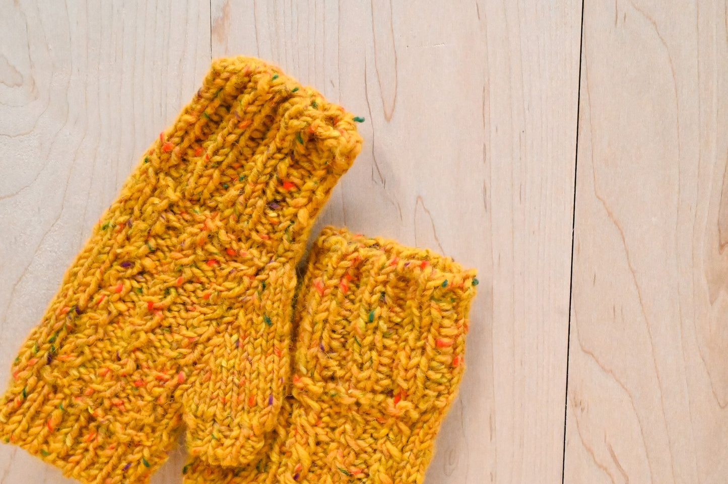 Handmade Golden Speckle Cabled Fingerless Mitts Using Donegal Tweed