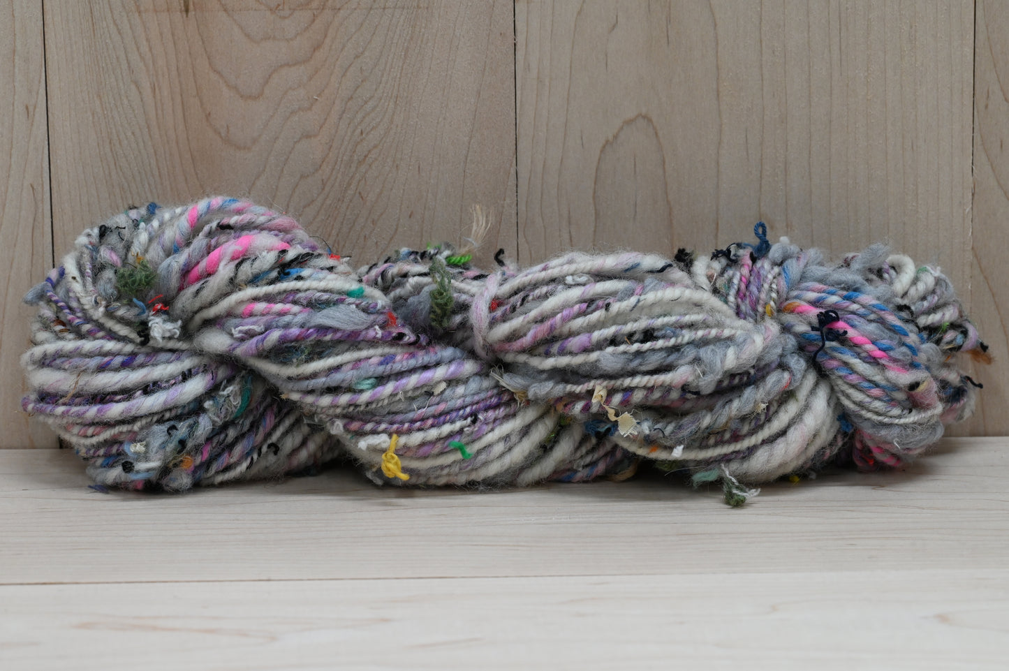 Handspun Fuzzy White, Pink, and Multicolor Textured Art Yarn Using 100% Upcycled Materials