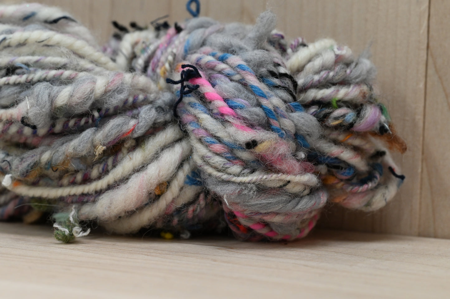 Handspun Fuzzy White, Pink, and Multicolor Textured Art Yarn Using 100% Upcycled Materials