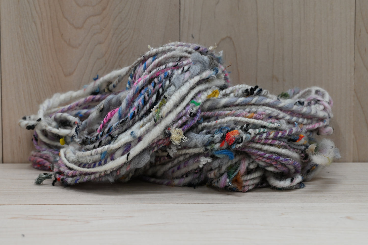 Handspun Fuzzy White, Pink, and Multicolor Textured Art Yarn Using 100% Upcycled Materials