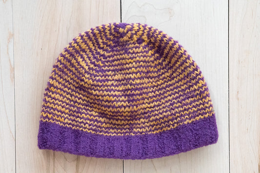 Handmade Felted, Striped Purple and Yellow Hat Using 100% Wool