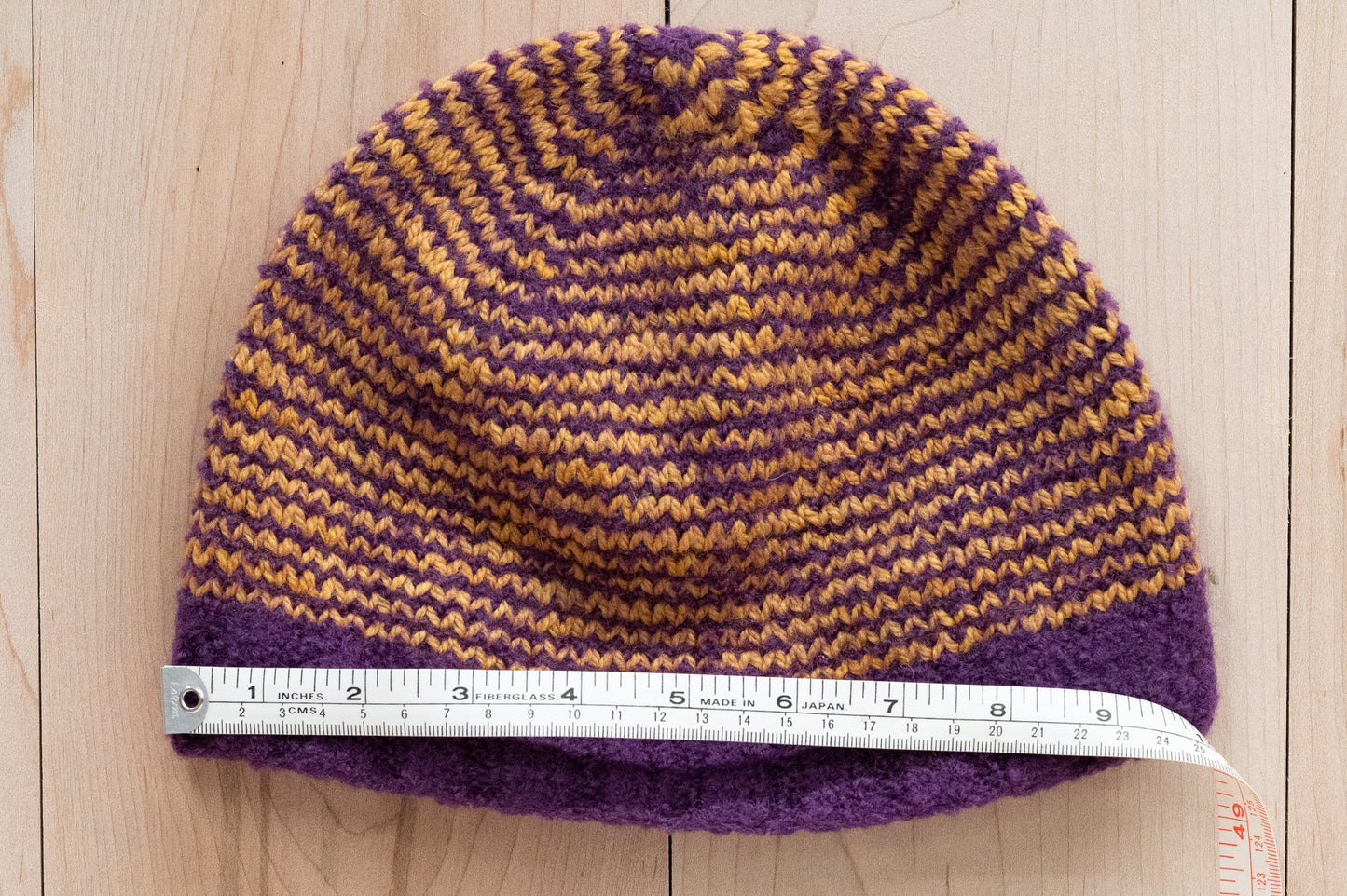 Handmade Felted, Striped Purple and Yellow Hat Using 100% Wool