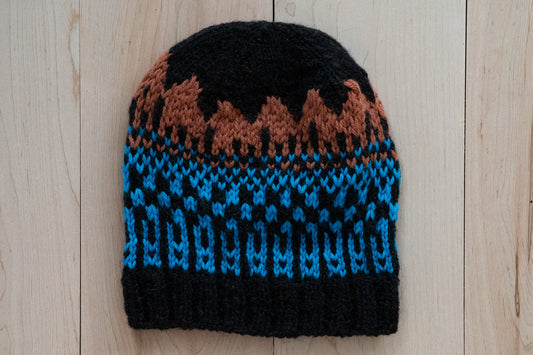 Handmade Multicolor Black, Blue, and Brown Hat Using 100% Secondhand Wool