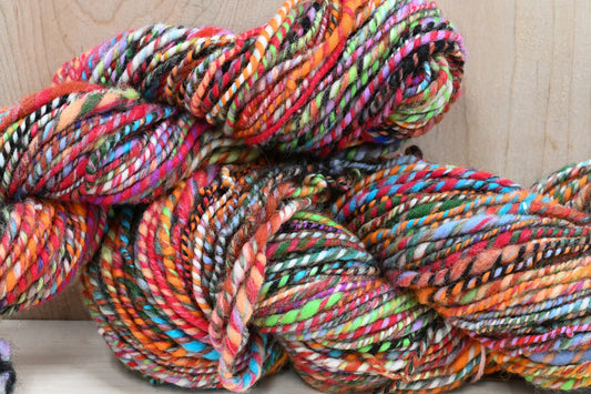Handspun Bright Turquoise, Red, Orange, and Green Multicolor Yarn Using 100% Wool