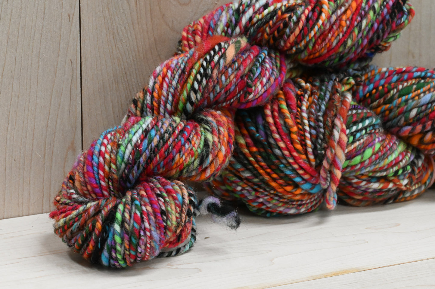 Handspun Bright Turquoise, Red, Orange, and Green Multicolor Yarn Using 100% Wool