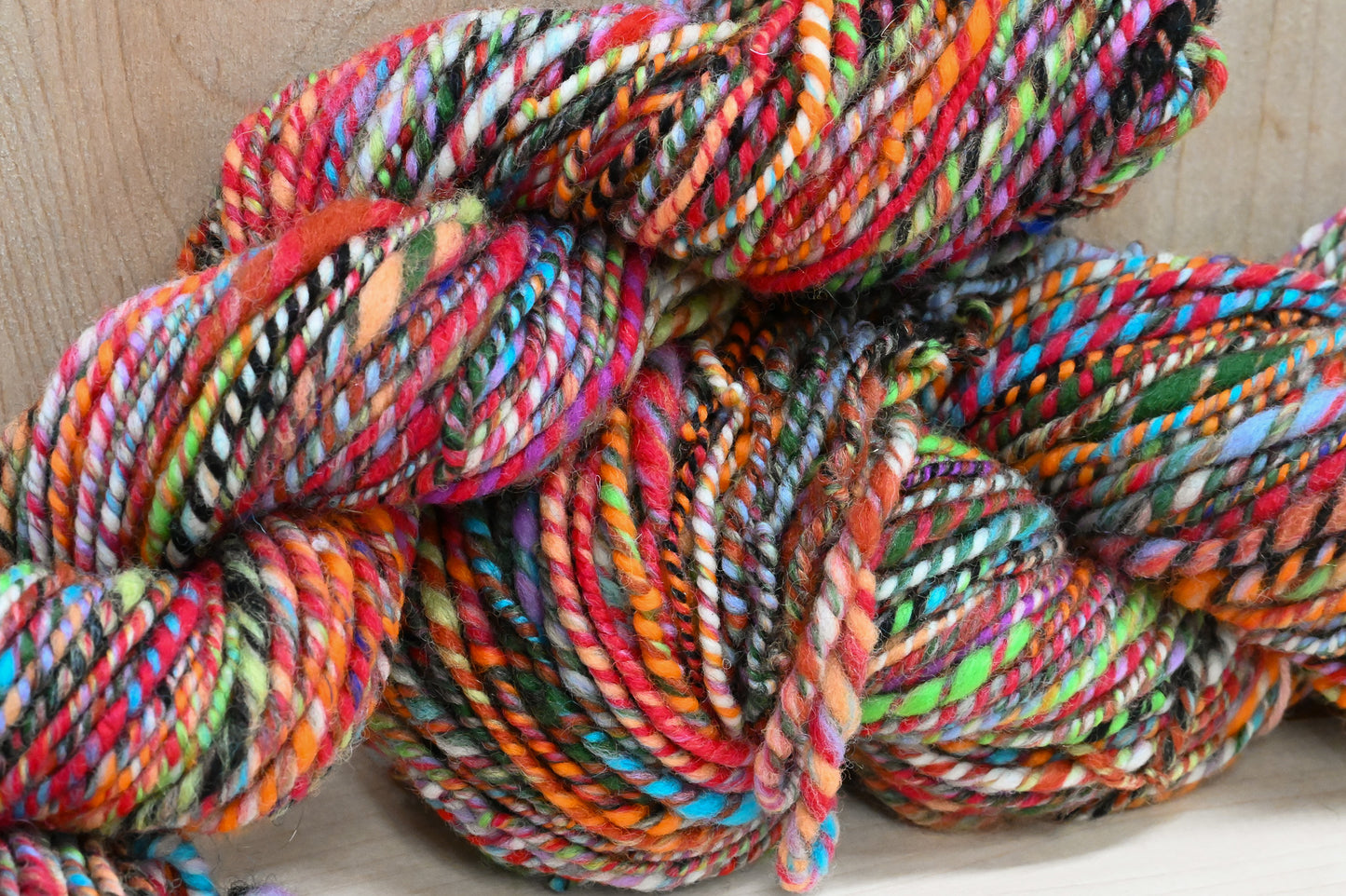 Handspun Bright Turquoise, Red, Orange, and Green Multicolor Yarn Using 100% Wool