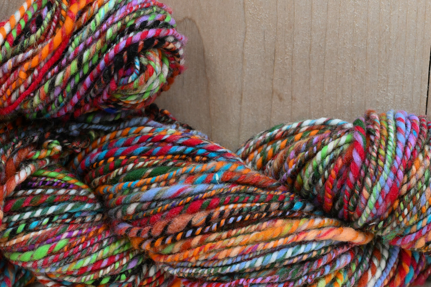 Handspun Bright Turquoise, Red, Orange, and Green Multicolor Yarn Using 100% Wool