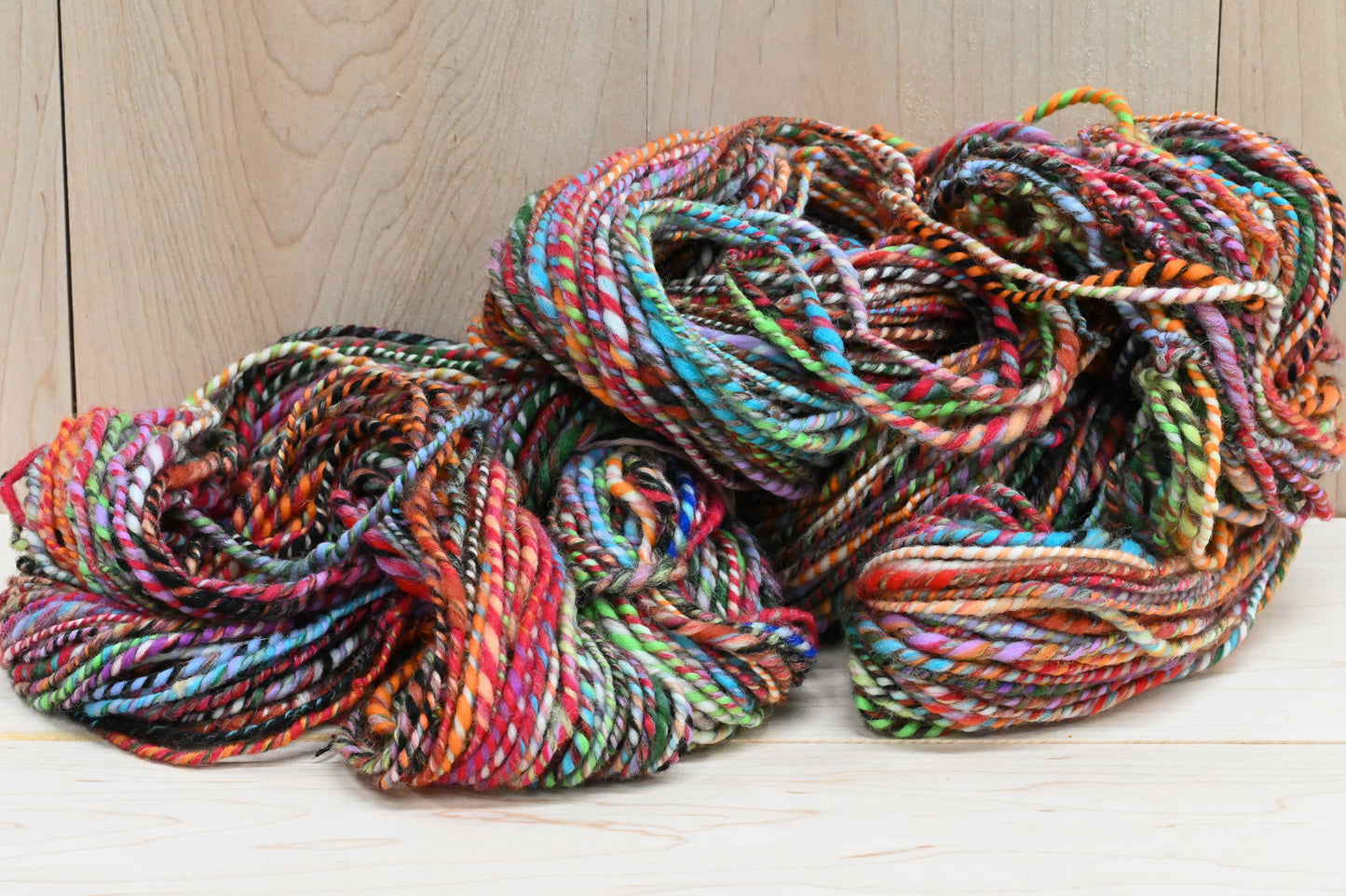 Handspun Bright Turquoise, Red, Orange, and Green Multicolor Yarn Using 100% Wool