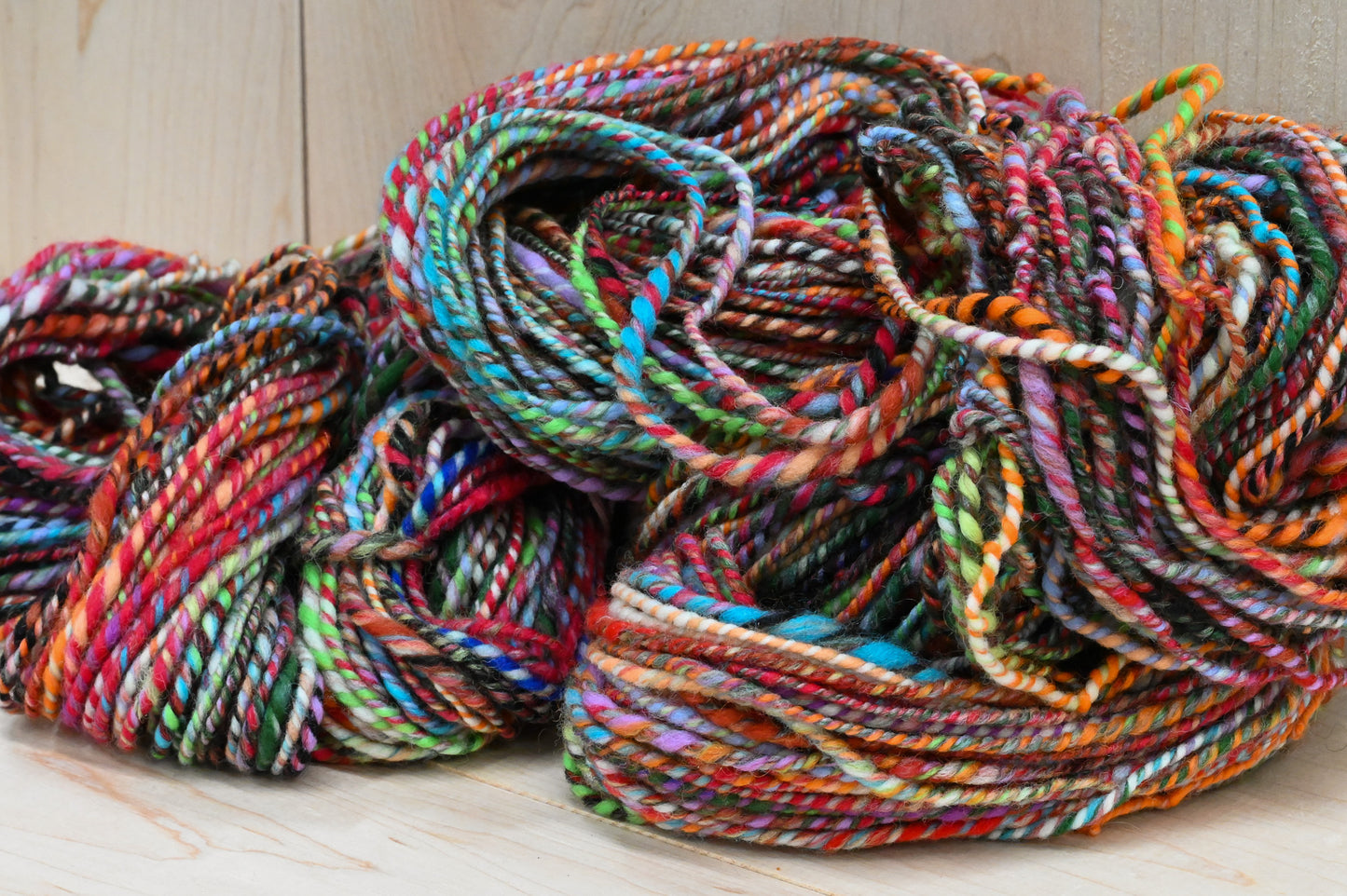 Handspun Bright Turquoise, Red, Orange, and Green Multicolor Yarn Using 100% Wool