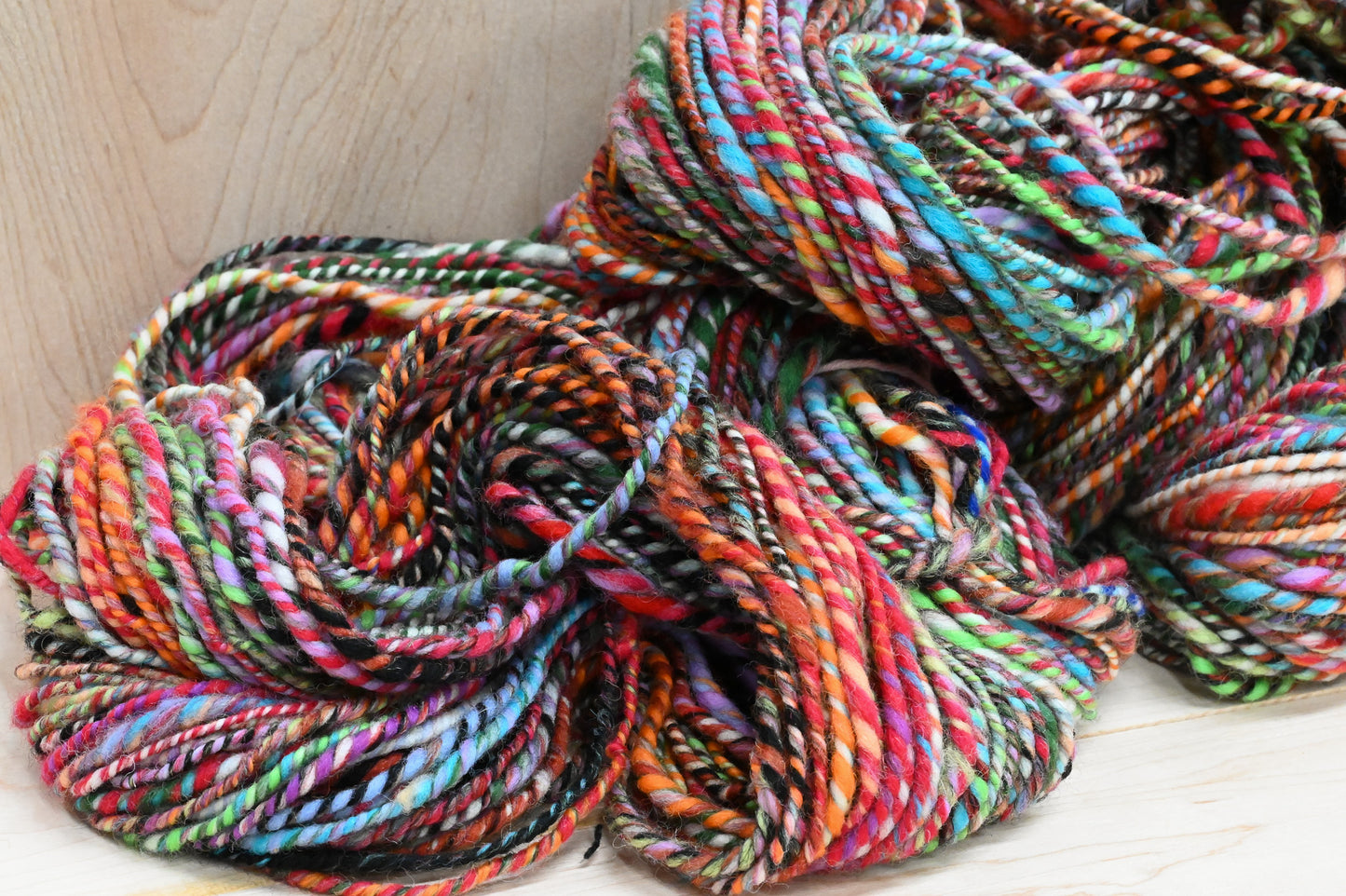 Handspun Bright Turquoise, Red, Orange, and Green Multicolor Yarn Using 100% Wool