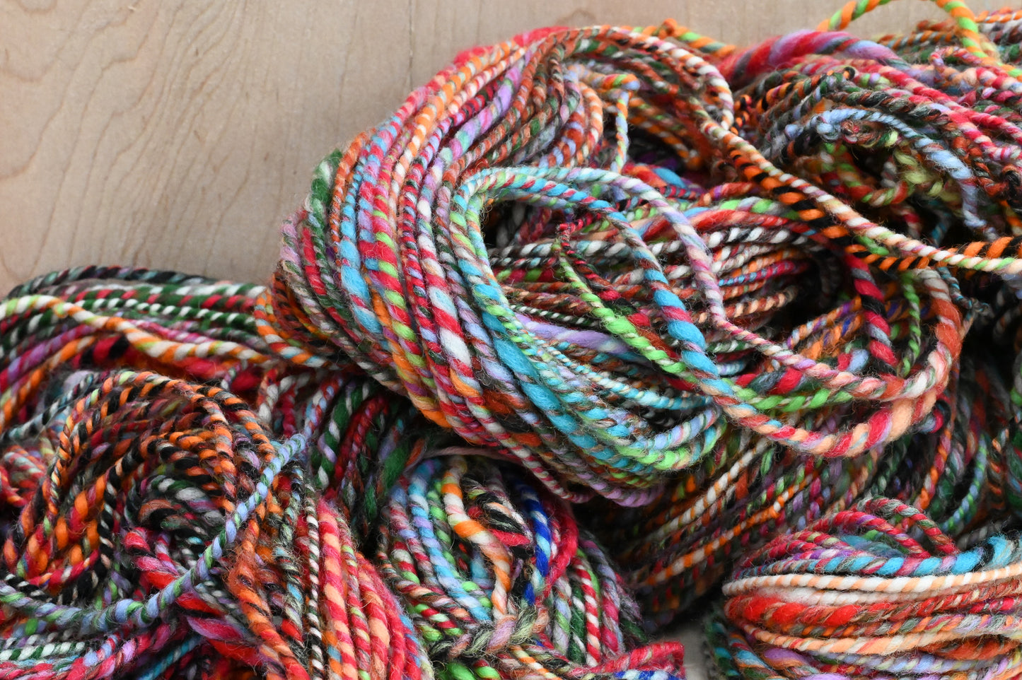 Handspun Bright Turquoise, Red, Orange, and Green Multicolor Yarn Using 100% Wool