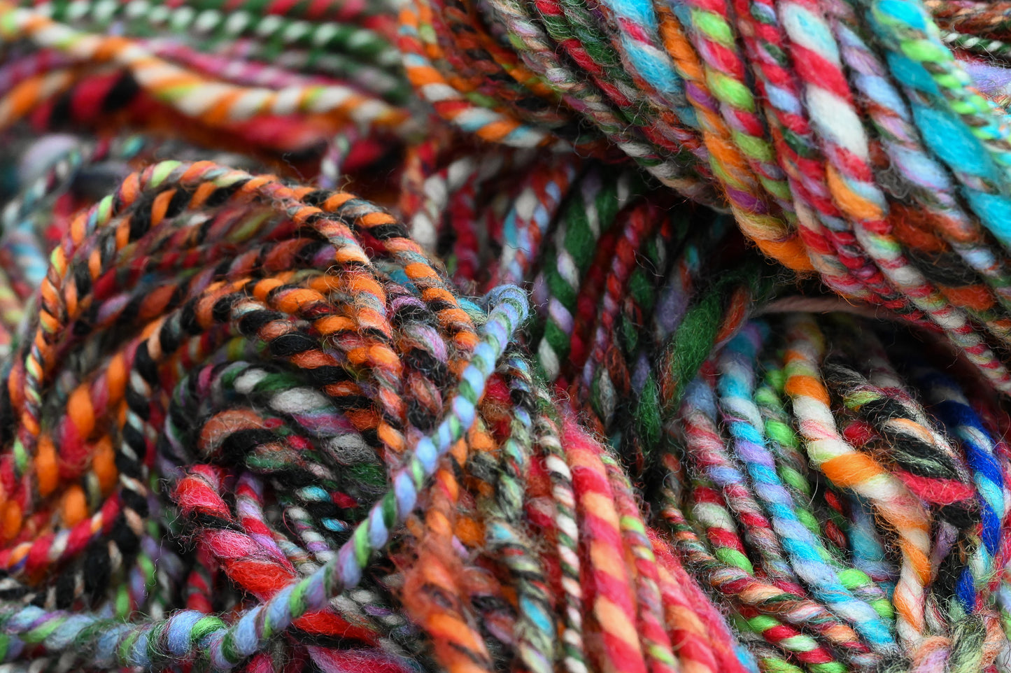 Handspun Bright Turquoise, Red, Orange, and Green Multicolor Yarn Using 100% Wool