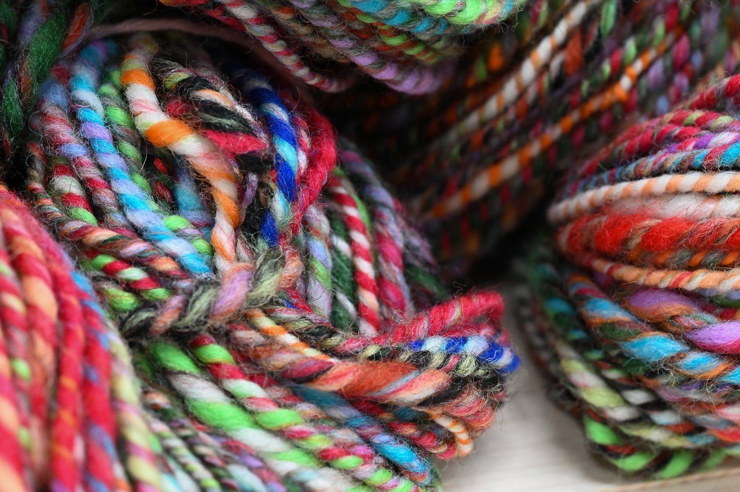 Handspun Bright Turquoise, Red, Orange, and Green Multicolor Yarn Using 100% Wool