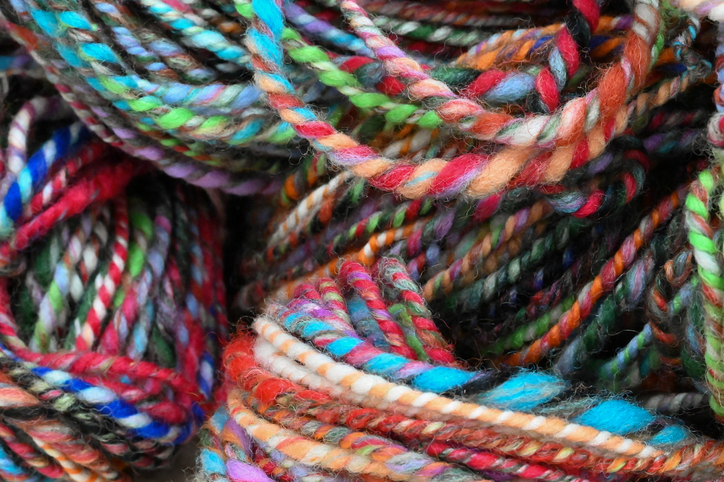 Handspun Bright Turquoise, Red, Orange, and Green Multicolor Yarn Using 100% Wool