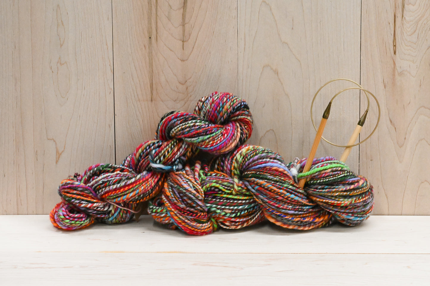 Handspun Bright Turquoise, Red, Orange, and Green Multicolor Yarn Using 100% Wool