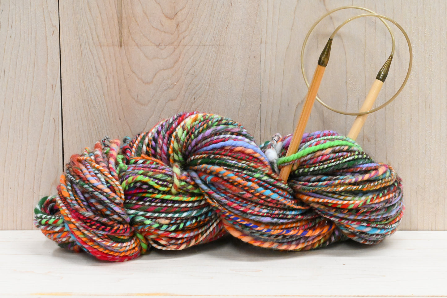 Handspun Bright Turquoise, Red, Orange, and Green Multicolor Yarn Using 100% Wool