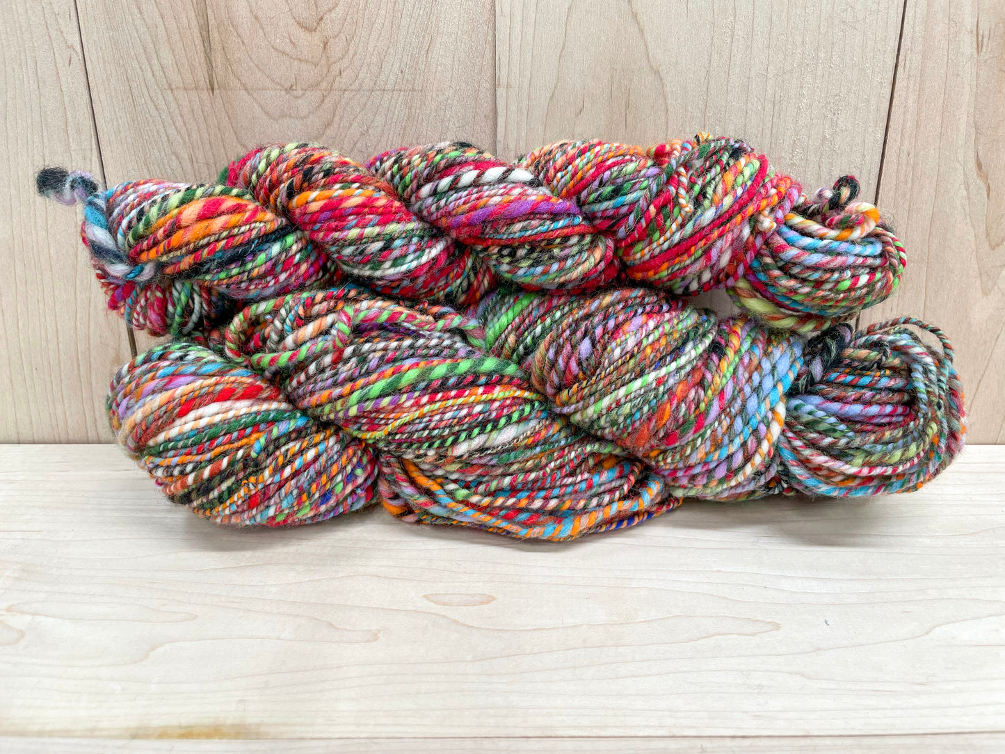 Handspun Bright Turquoise, Red, Orange, and Green Multicolor Yarn Using 100% Wool