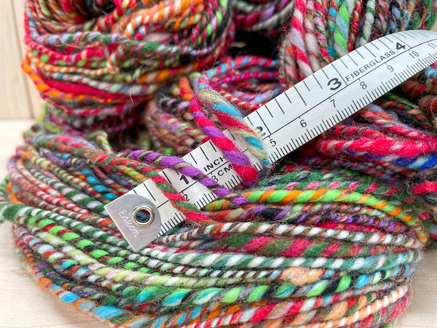 Handspun Bright Turquoise, Red, Orange, and Green Multicolor Yarn Using 100% Wool