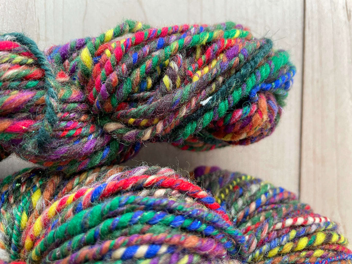 Handspun Shimmering Vibrant Forest Handspun Sparkly Wool-Blend Yarn