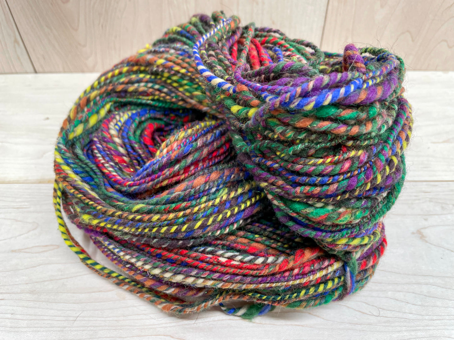 Handspun Shimmering Vibrant Forest Handspun Sparkly Wool-Blend Yarn