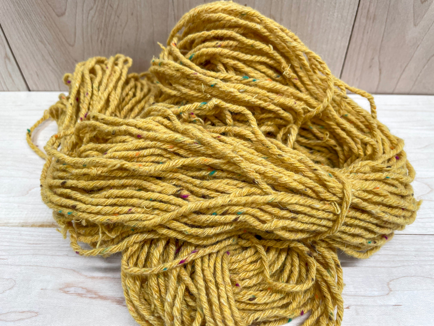 Handspun Mustard and Multicolor Tweed Yarn Using 100% Upcycled Wool-Blend Fibers