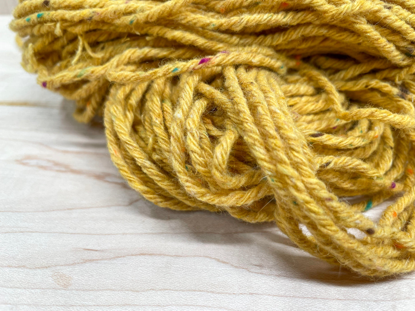 Handspun Mustard and Multicolor Tweed Yarn Using 100% Upcycled Wool-Blend Fibers