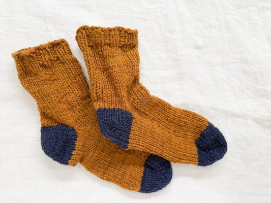 Handmade Brown and Navy Wool Socks Using 100% Small-Farm Wool